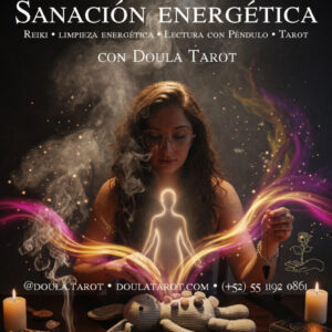 Sanación Energética con Doula Tarot. Reiki, Limpieza Energética, Lectura con Péndulo y Tarot. Mujer realizando una sesión espiritual rodeada de velas, tarot, cristales y energía luminosa.